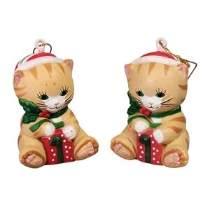 Vintage 1985 W.A. Hong Kong Set of 2 Christmas Cats Tree Ornaments Retro Kitschy